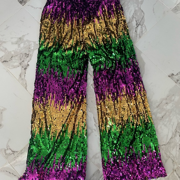 BiBi Sequin Flare Pants - Green, Purple, Gold - Picture 3 of 5